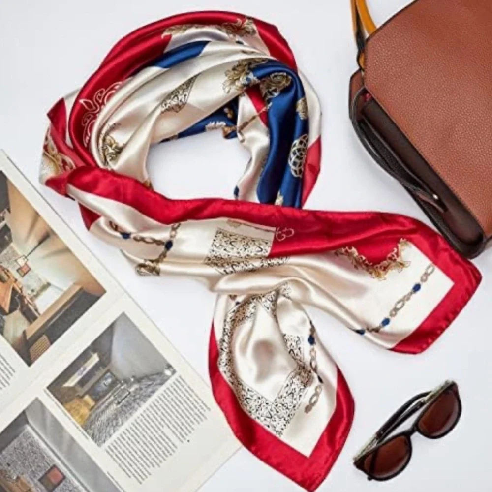 Vintage Style Square Silk Feel Scarf Red Navy Blue Gold Chain‎ Print 35x35